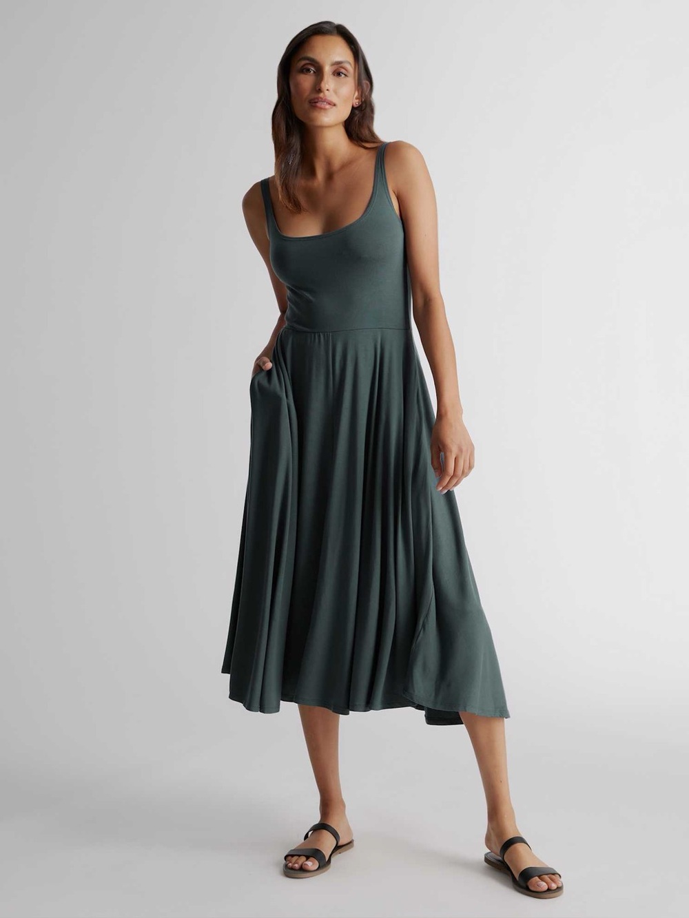 Quince Tencel Jersey Fit & Flare Dress Dark Olive